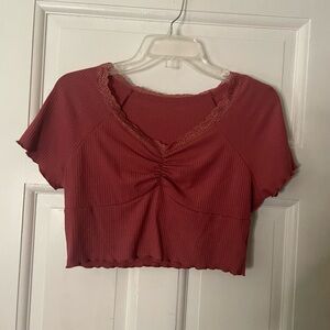 SHEIN Lace Trim Ruched Crop Top - Burgundy